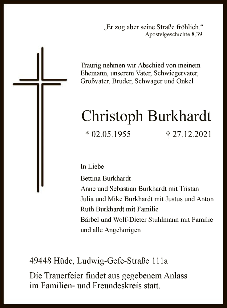  Traueranzeige für Christoph Burkhardt vom 30.12.2021 aus SYK