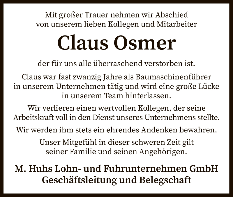  Traueranzeige für Claus Osmer vom 11.12.2021 aus SYK