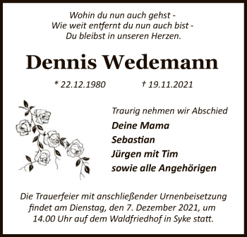 Traueranzeige von Dennis Wedemann von SYK