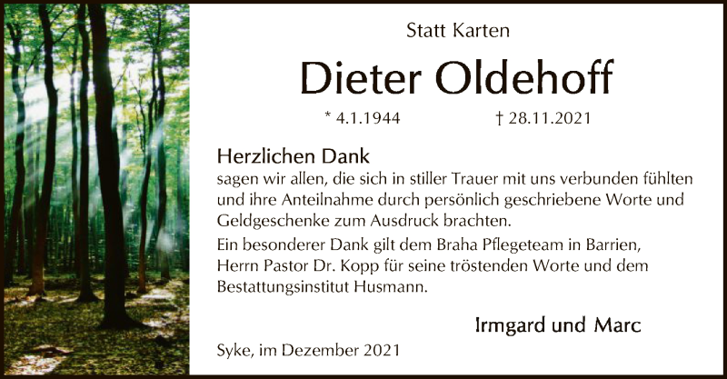  Traueranzeige für Dieter Oldehoff vom 22.12.2021 aus SYK