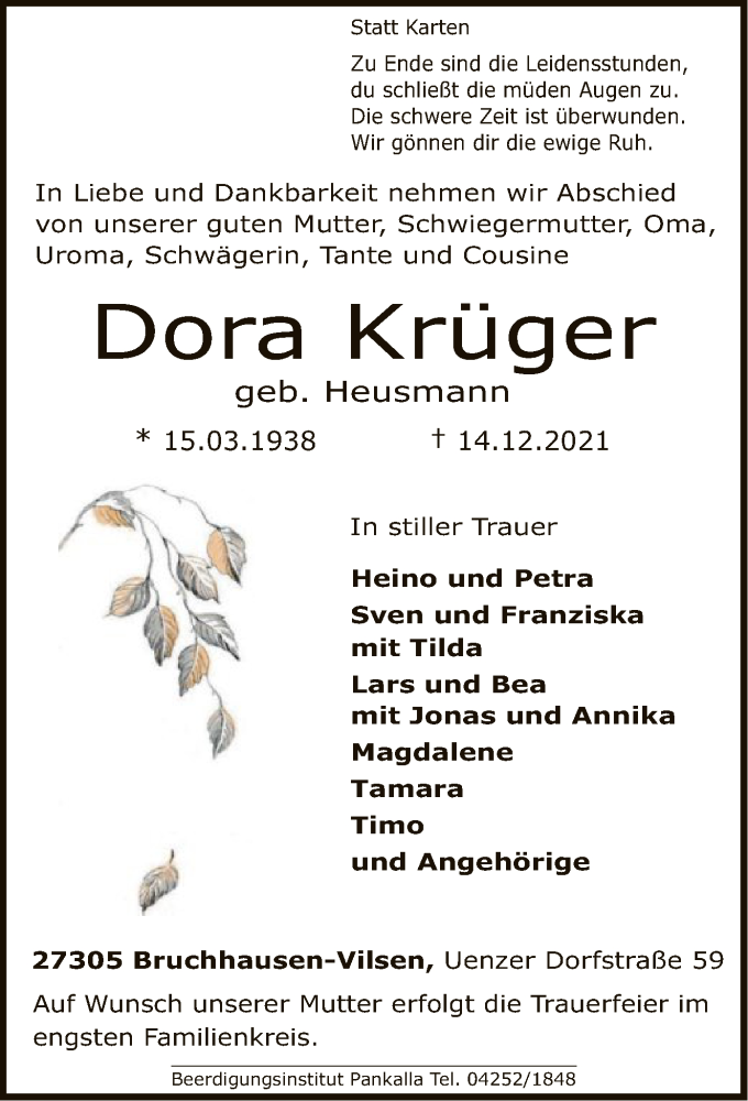  Traueranzeige für Dora Krüger vom 17.12.2021 aus SYK