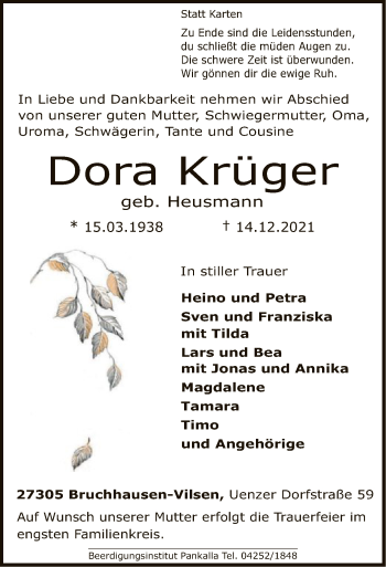 Traueranzeige von Dora Krüger von SYK