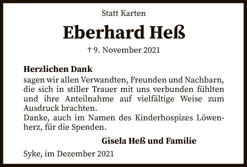  Traueranzeige für Eberhard Heß vom 04.12.2021 aus SYK