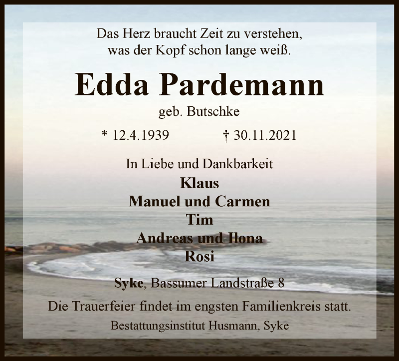  Traueranzeige für Edda Pardemann vom 04.12.2021 aus SYK