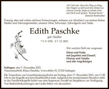 Traueranzeige von Edith Paschke von SYK