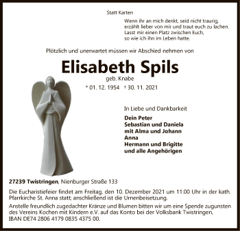 Traueranzeige von Elisabeth Spils von SYK