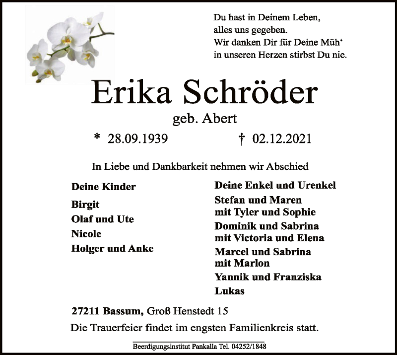  Traueranzeige für Erika Schröder vom 04.12.2021 aus SYK