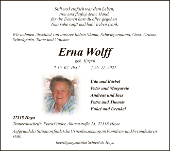 Traueranzeige von Erna Wolff von SYK