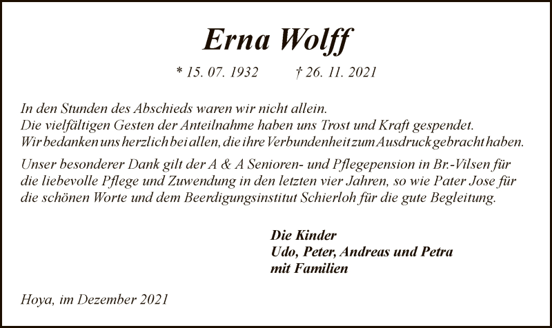  Traueranzeige für Erna Wolff vom 18.12.2021 aus SYK