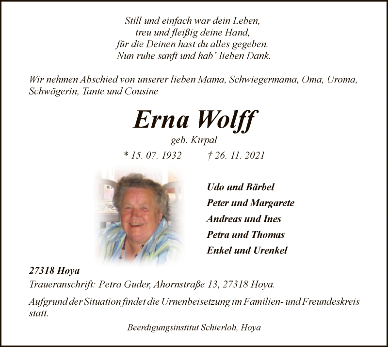  Traueranzeige für Erna Wolff vom 04.12.2021 aus SYK