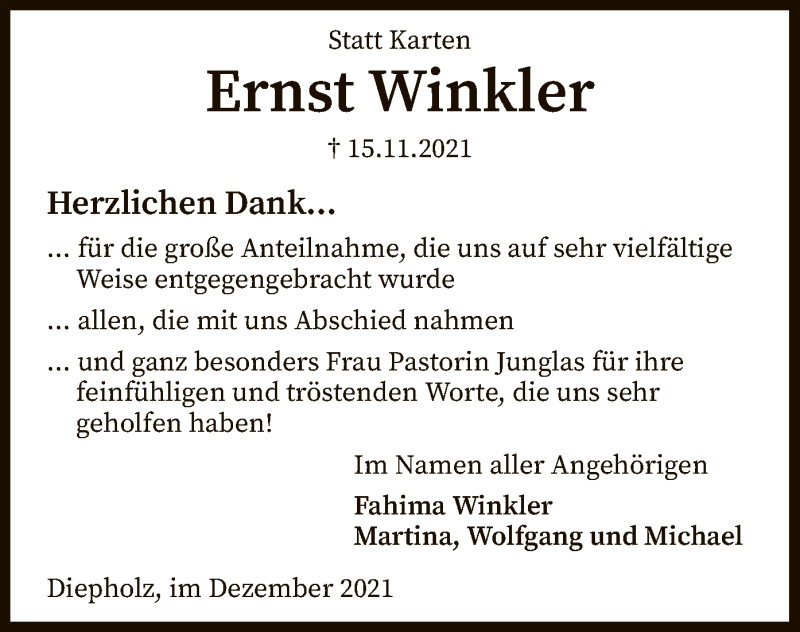  Traueranzeige für Ernst Winkler vom 31.12.2021 aus SYK