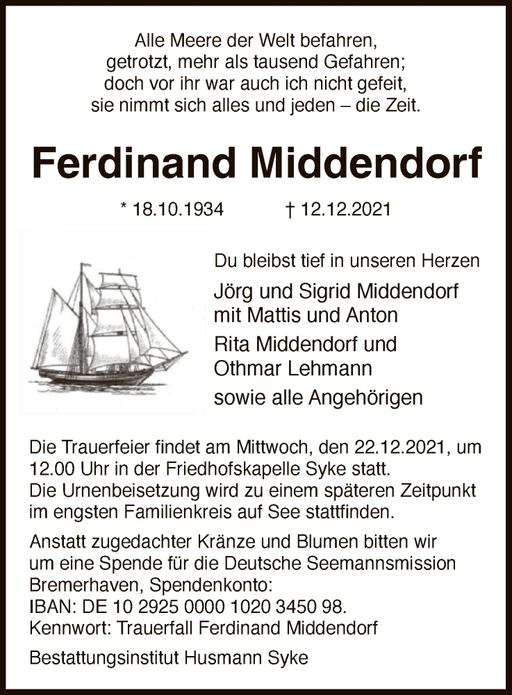  Traueranzeige für Ferdinand Middendorf vom 18.12.2021 aus SYK