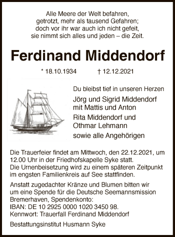 Traueranzeige von Ferdinand Middendorf von SYK