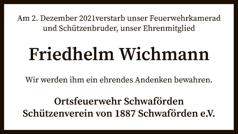  Traueranzeige für Friedhelm Wichmann vom 07.12.2021 aus SYK