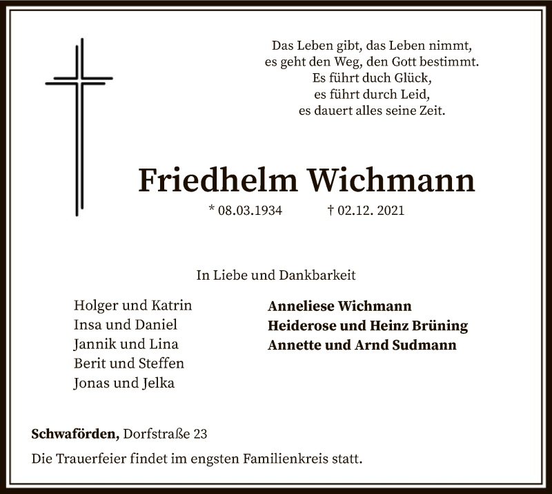  Traueranzeige für Friedhelm Wichmann vom 04.12.2021 aus SYK
