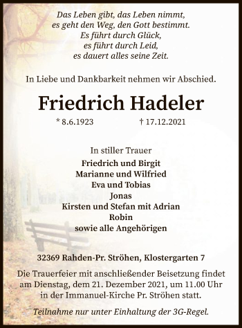 Traueranzeige von Friedrich Hadeler von SYK