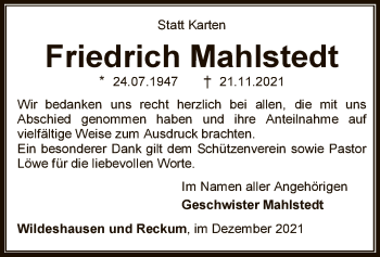 Traueranzeige von Friedrich Mahlstedt von SYK