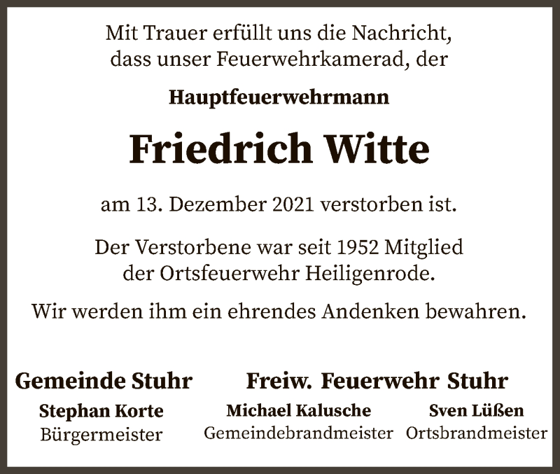  Traueranzeige für Friedrich Witte vom 18.12.2021 aus SYK