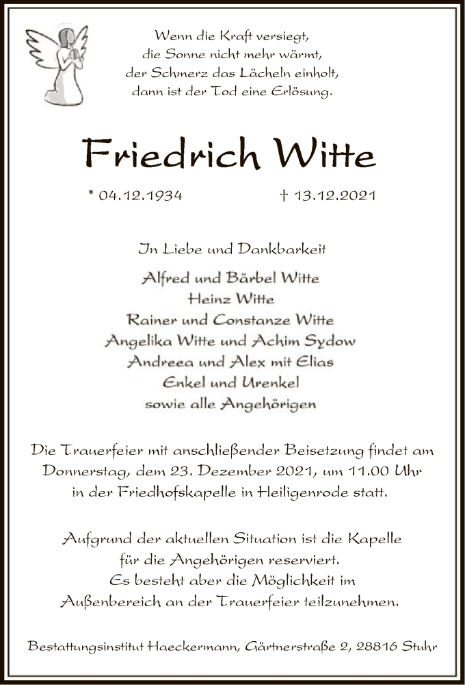  Traueranzeige für Friedrich Witte vom 18.12.2021 aus SYK