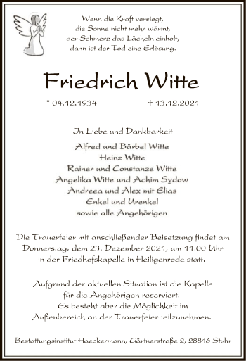 Traueranzeige von Friedrich Witte von SYK