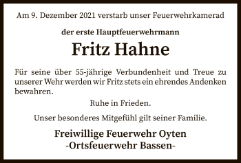 Traueranzeige von Fritz Hahne von SYK