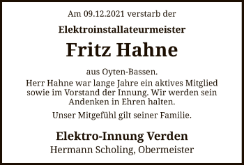 Traueranzeige von Fritz Hahne von SYK