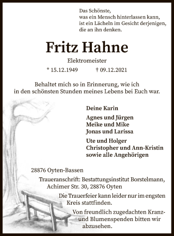 Traueranzeige von Fritz Hahne von SYK