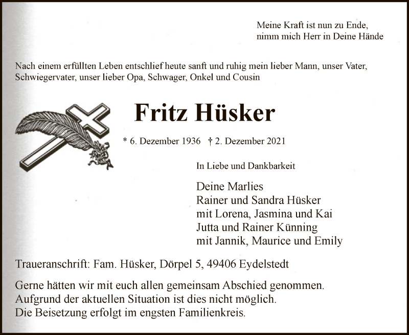  Traueranzeige für Fritz Hüsker vom 04.12.2021 aus SYK