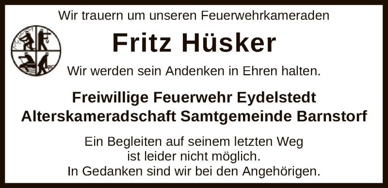  Traueranzeige für Fritz Hüsker vom 07.12.2021 aus SYK