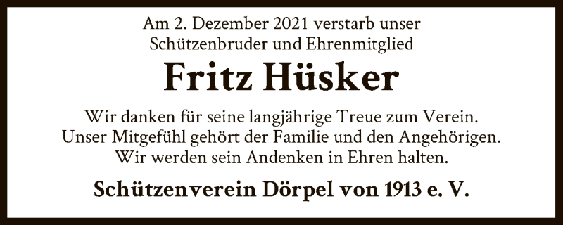  Traueranzeige für Fritz Hüsker vom 07.12.2021 aus SYK
