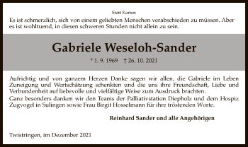 Traueranzeige von Gabriele Weseloh-Sander von SYK