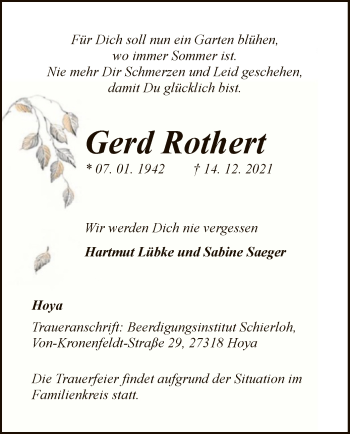 Traueranzeige von Gerd Rothert von SYK