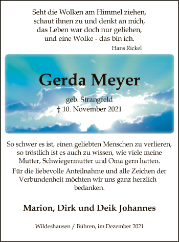 Traueranzeige von Gerda Meyer von SYK