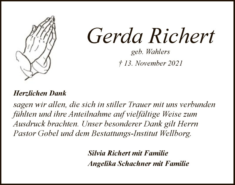  Traueranzeige für Gerda Richert vom 31.12.2021 aus SYK