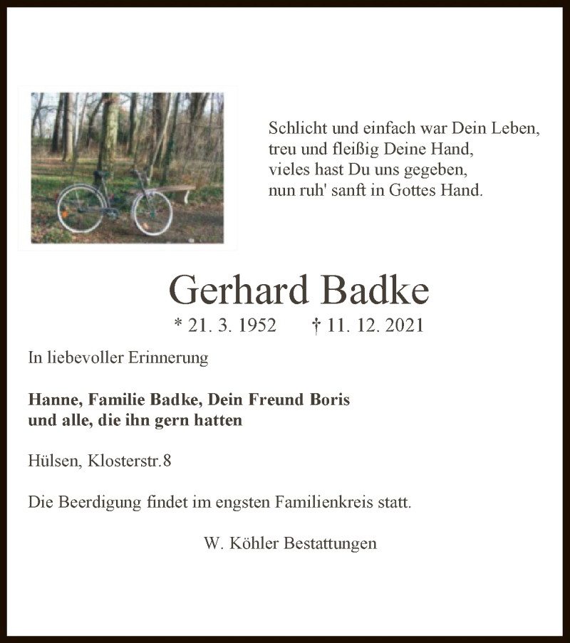  Traueranzeige für Gerhard Badke vom 15.12.2021 aus SYK