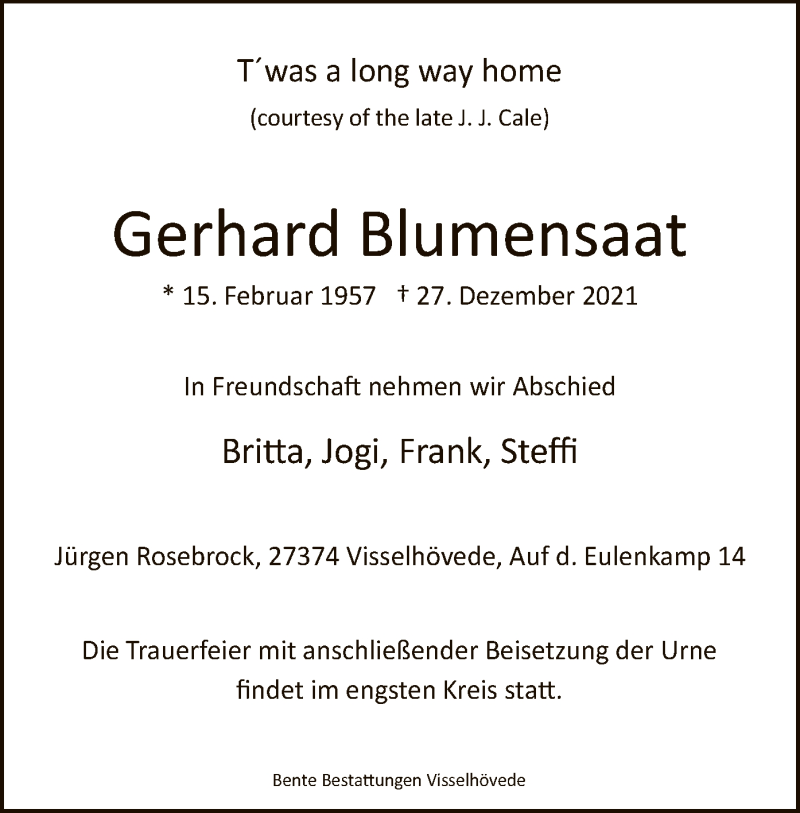  Traueranzeige für Gerhard Blumensaat vom 31.12.2021 aus SYK