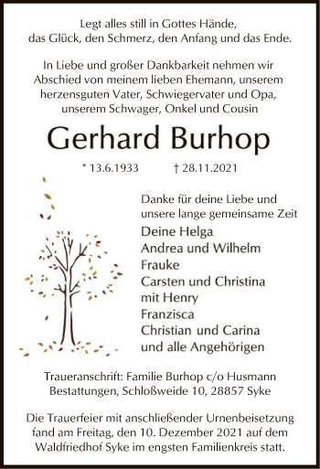 Traueranzeige von Gerhard Burhop von SYK