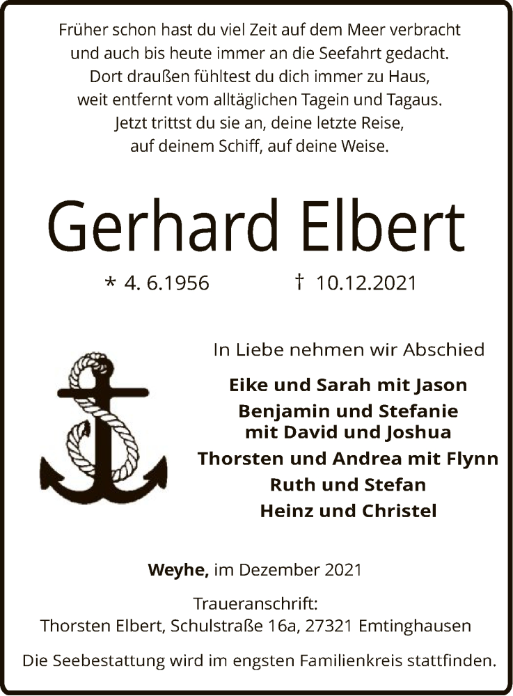  Traueranzeige für Gerhard Elbert vom 18.12.2021 aus SYK