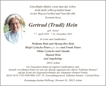 Traueranzeige von Gertrud Hein von SYK