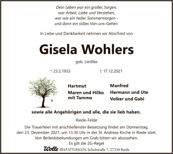 Traueranzeige von Gisela Wohlers von SYK