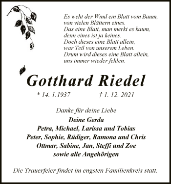 Traueranzeige von Gotthard Riedel von SYK