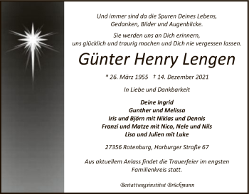 Traueranzeige von Günter Henry Lengen von SYK