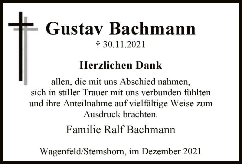  Traueranzeige für Gustav Bachmann vom 31.12.2021 aus SYK