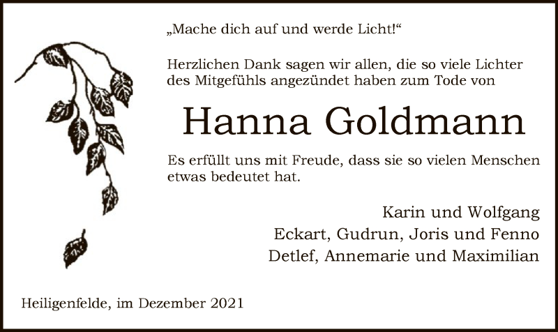  Traueranzeige für Hanna Goldmann vom 01.12.2021 aus SYK