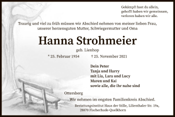 Traueranzeige von Hanna Strohmeier von SYK