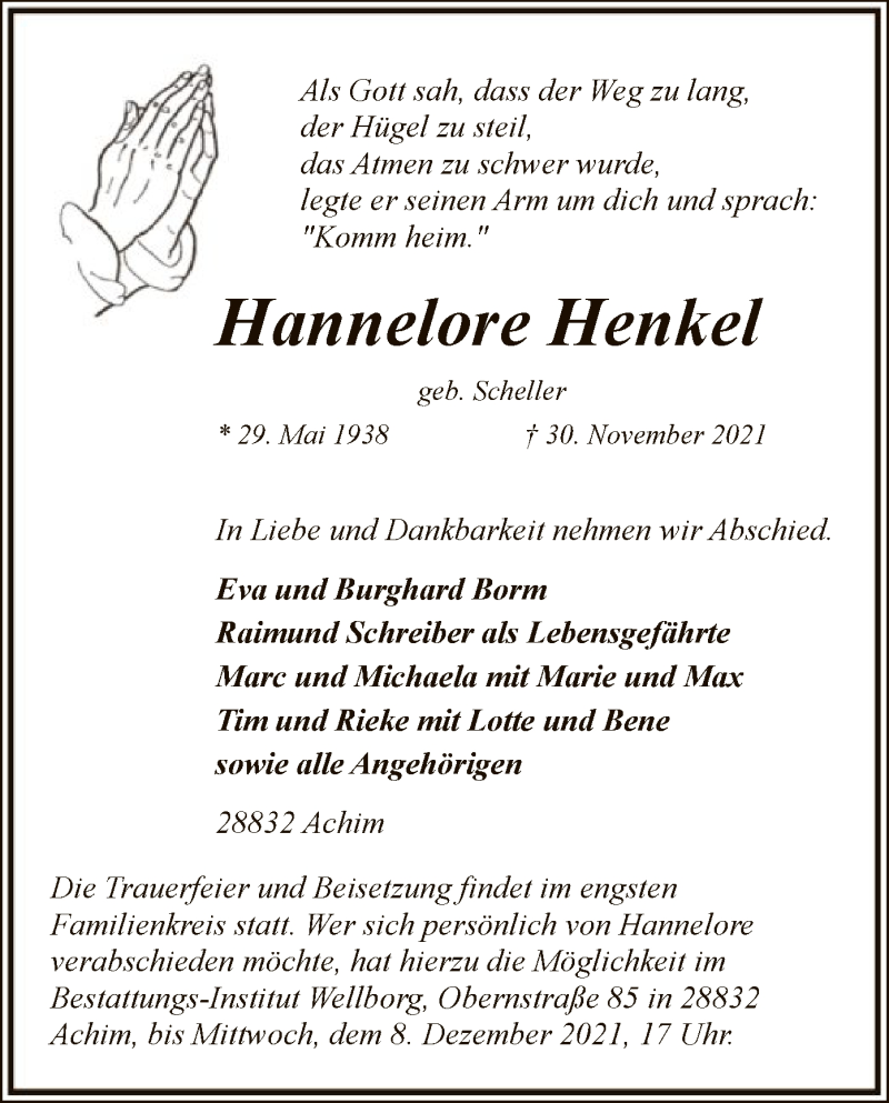  Traueranzeige für Hannelore Henkel vom 04.12.2021 aus SYK