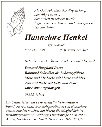 Traueranzeige von Hannelore Henkel von SYK