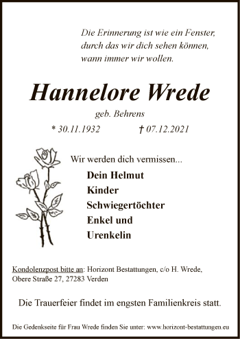 Traueranzeige von Hannelore Wrede von SYK