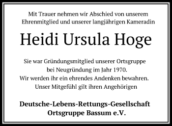 Traueranzeige von Heidi Ursula Hoge von SYK