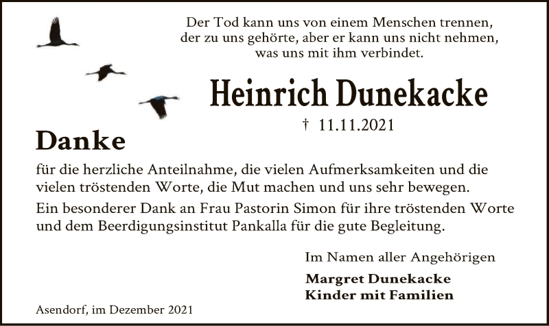  Traueranzeige für Heinrich Dunekacke vom 18.12.2021 aus SYK